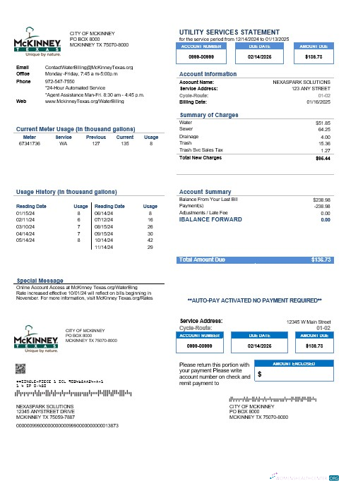 Download USA Texas McKinney business utility bill template in Word and PDF formats Photoshop template